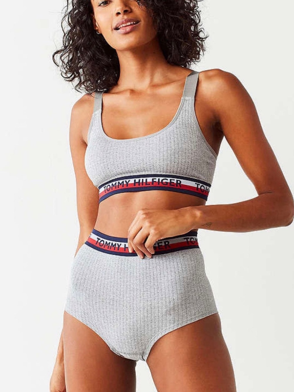 Tommy Hilfiger Light Gray Ribbed Wireless Bralette & High-Waist Brief Set